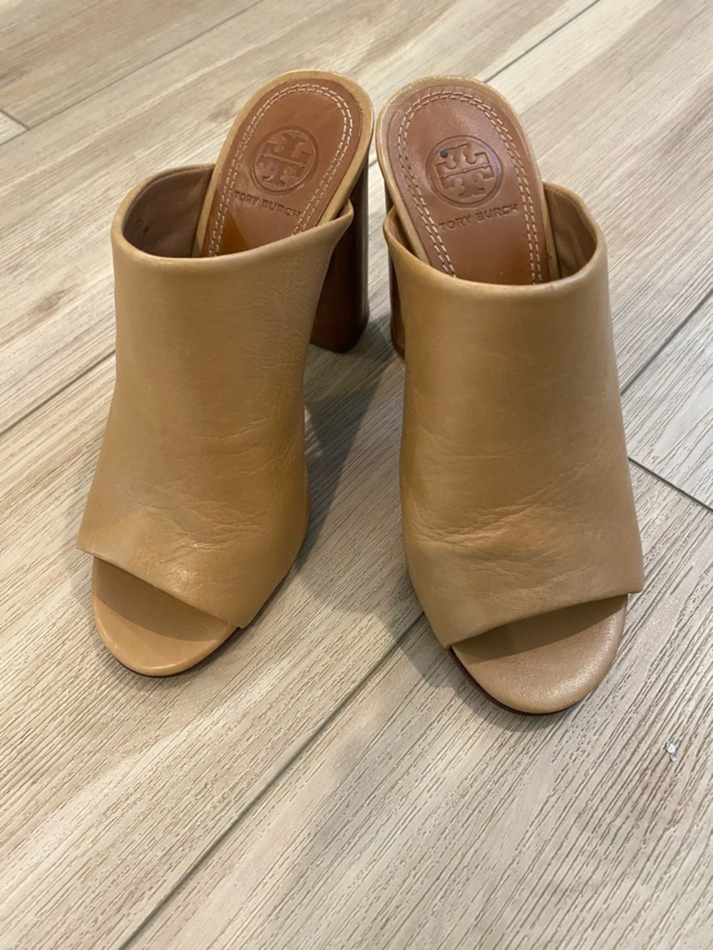 Tory Burch Camel Leather Open-Toe Mule Heels